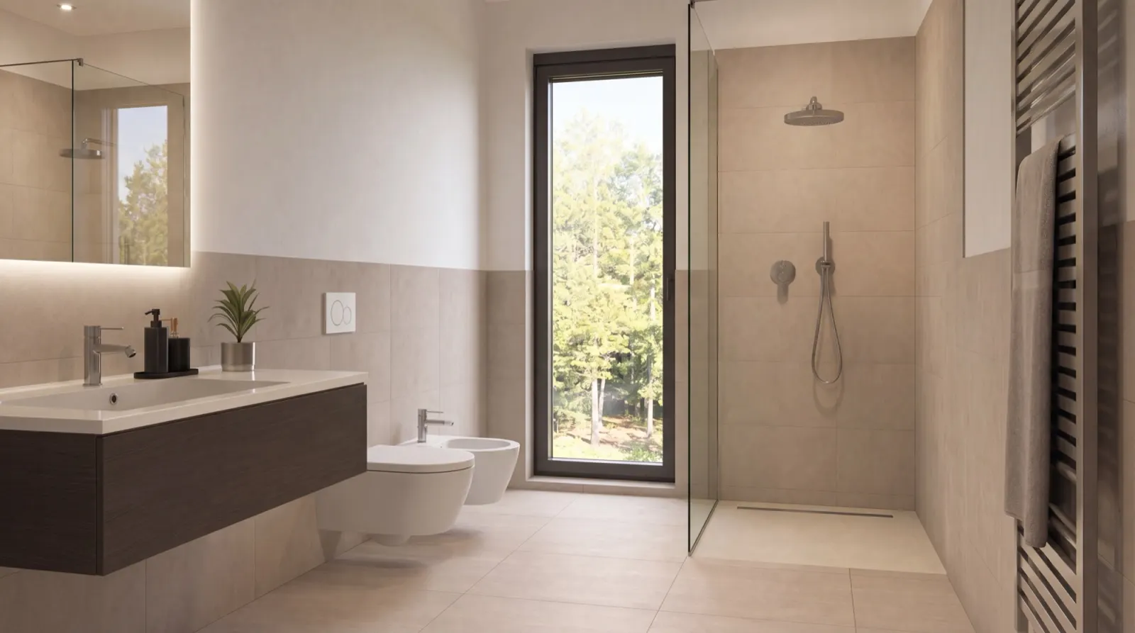 Bagno contemporaneo con doccia a filo pavimento e finestra sul verde: immagine generata con l'AI.