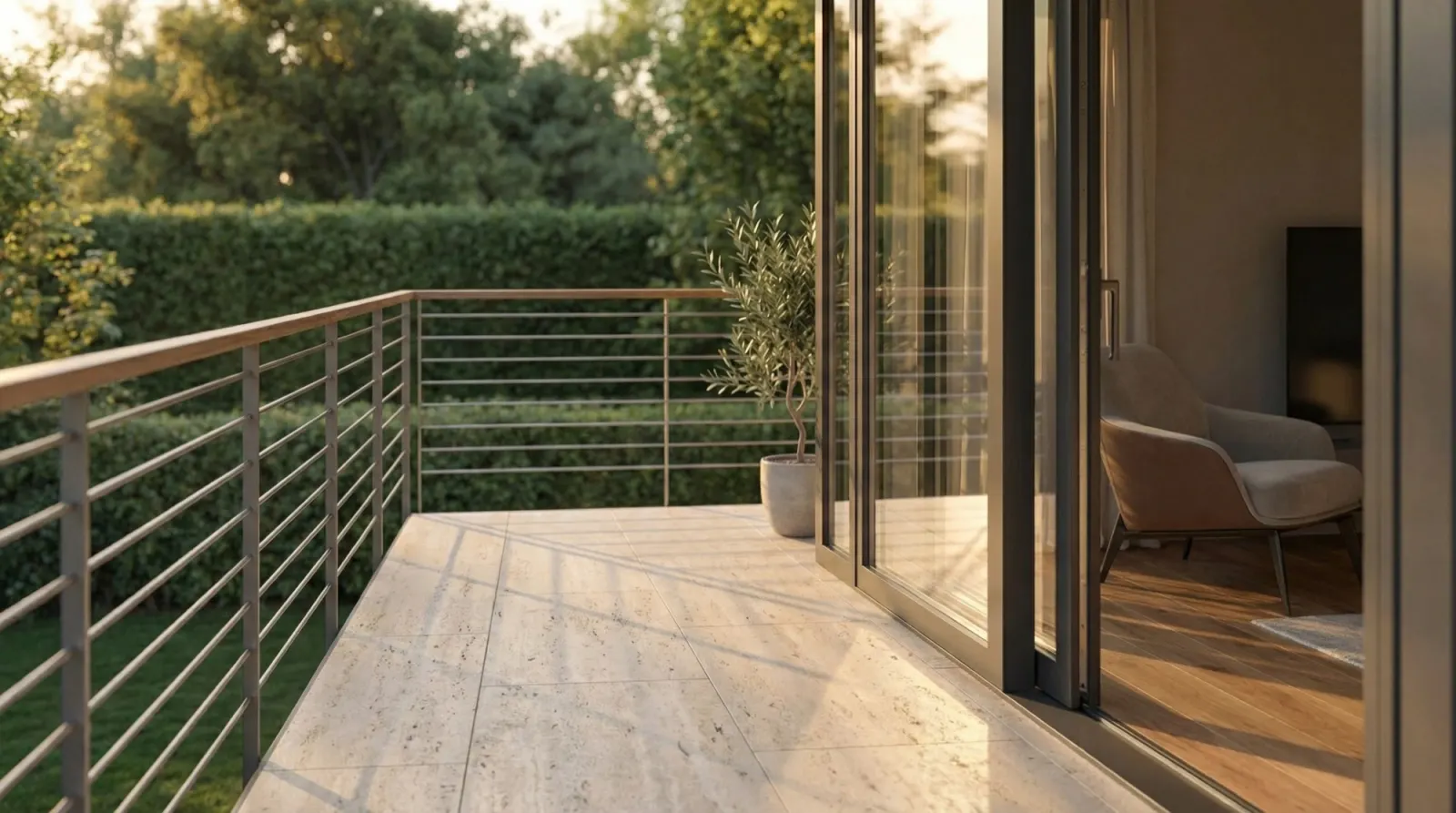 Balcone in pietra chiara con ringhiera in acciaio, siepe e vetrata scorrevole: immagine generata con l'AI.