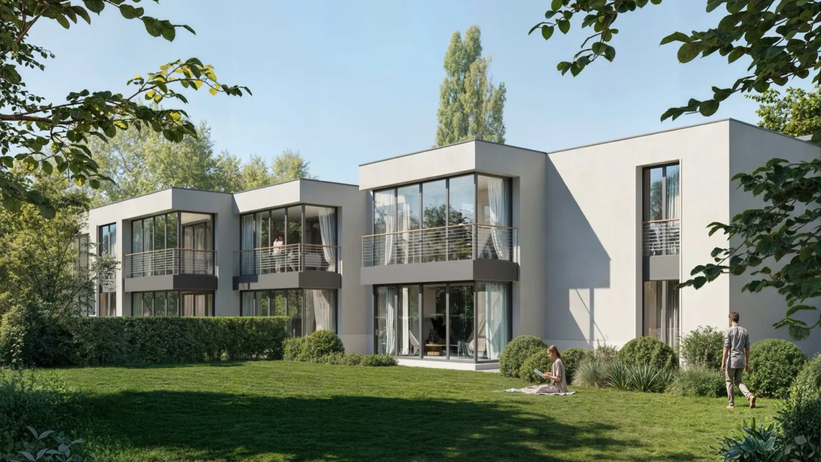 Rendering di progetto: il fronte vetrato delle case sul giardino, Duino.