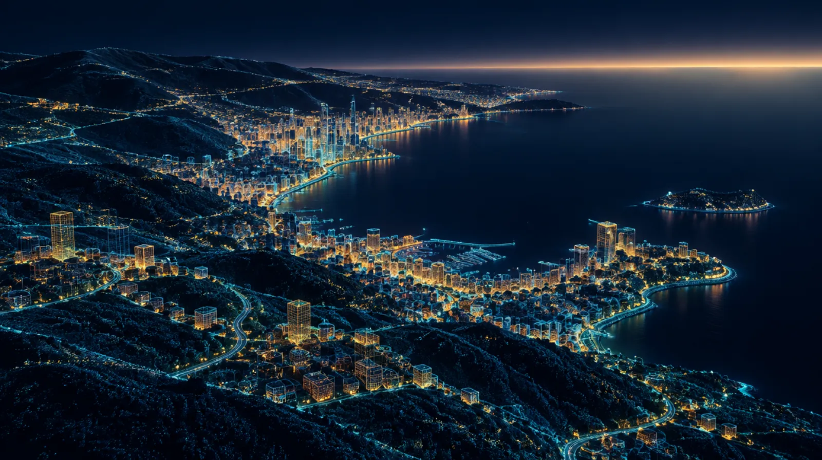 Una città sul golfo di notte resa come mappa di dati in 3D (immagine generata con l'AI)