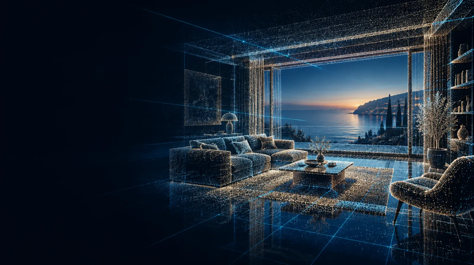 Un soggiorno sul mare reso come nuvola di punti di una scansione 3D, con linee laser azzurre (immagine generata con l'AI)