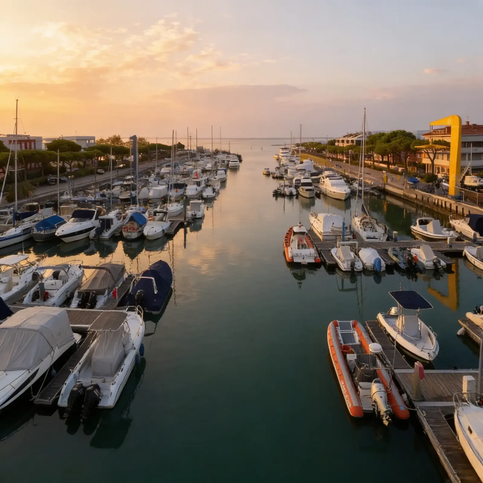 Darsena con barche ormeggiate a Lignano, nella luce calda della sera.