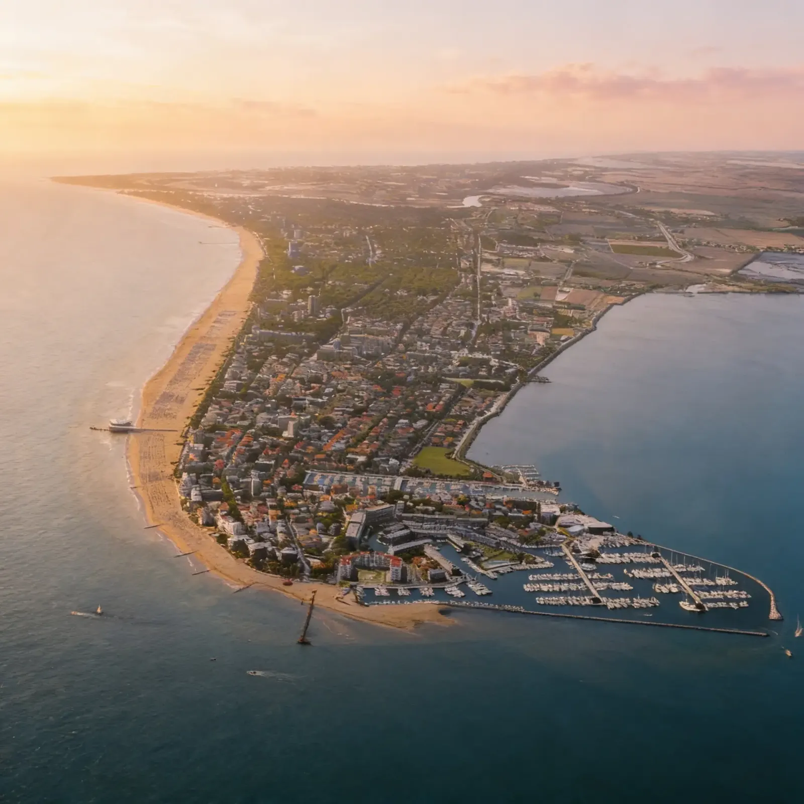La penisola di Lignano vista dall'alto, fra mare e laguna.