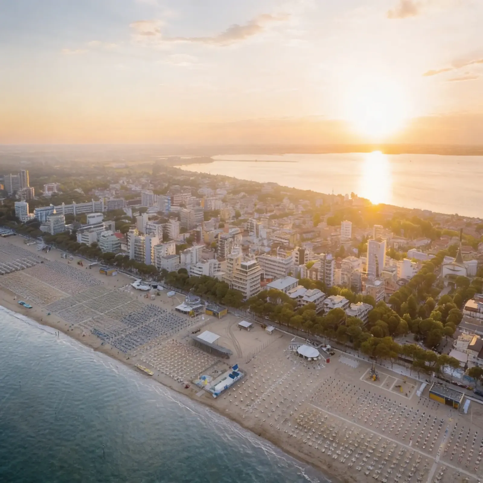 Vista aerea della spiaggia di Lignano al tramonto.