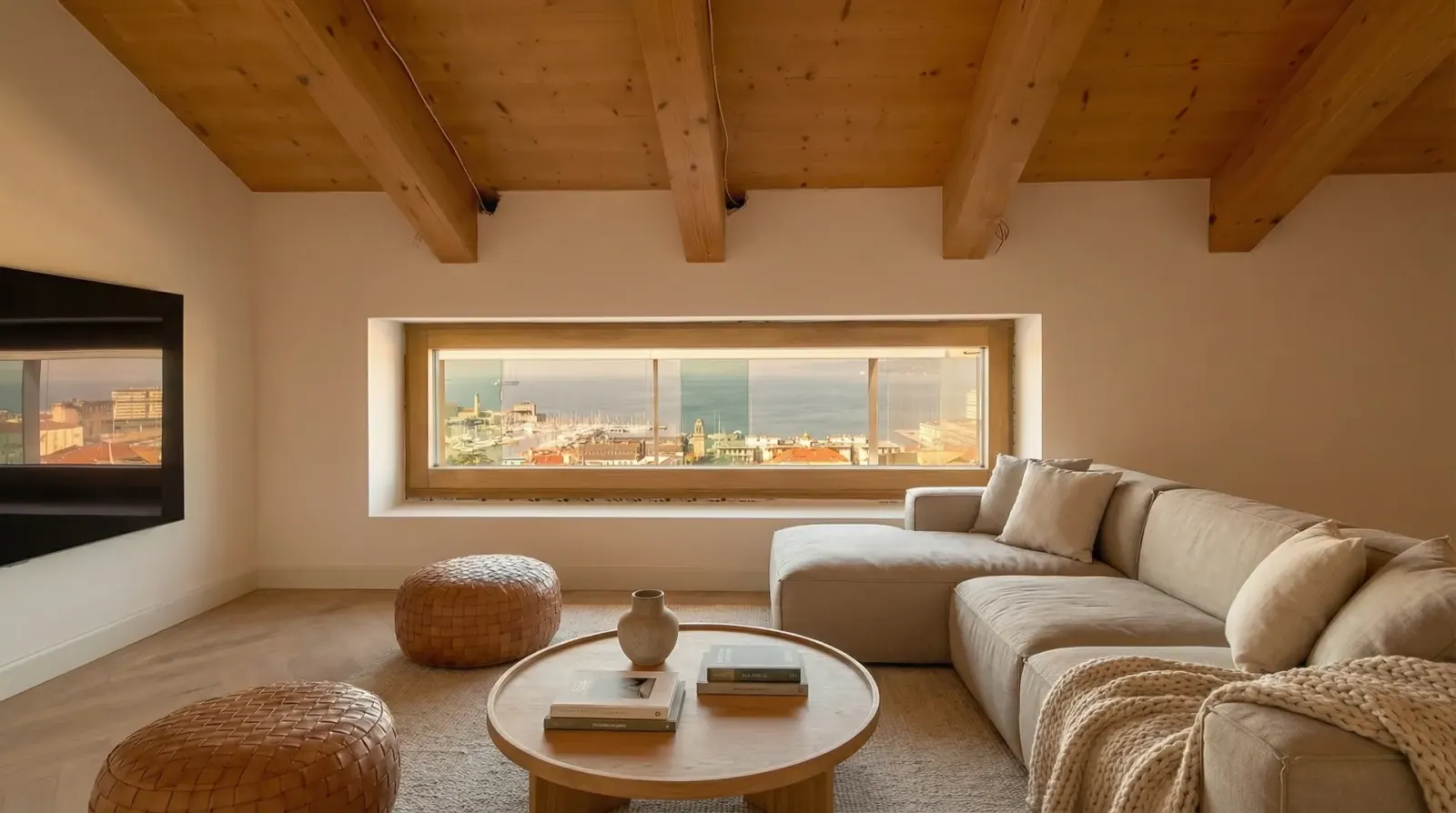 Soggiorno con soffitto in legno e una lunga finestra sul mare (immagine generata con l'AI).