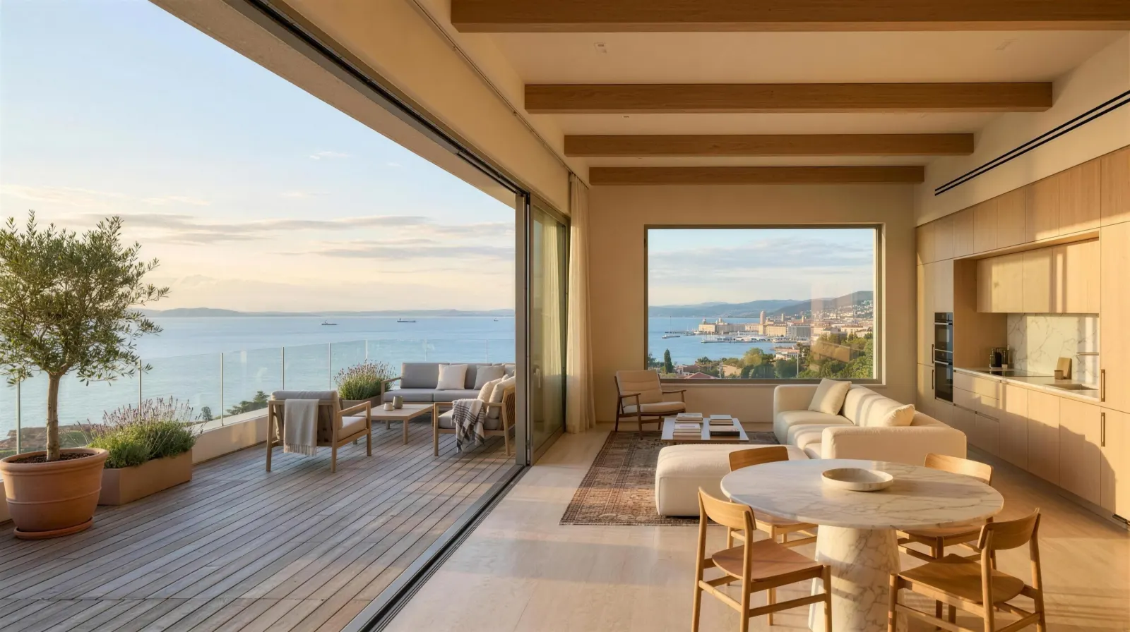 Zona giorno con cucina che prosegue sulla terrazza in legno, mare sullo sfondo: interpretazione AI.